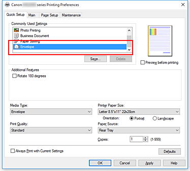 figure:Select Envelope from Commonly Used Settings on the Quick Setup tab