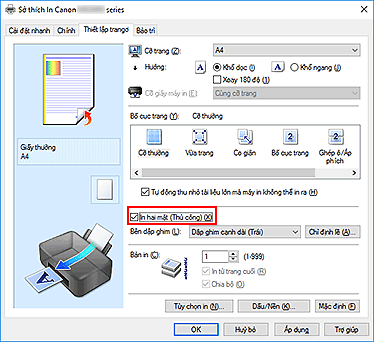 hình: Hộp kiểm In hai mặt (Thủ công) trên tab Thiết lập trang