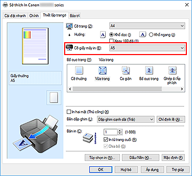 hình: Cỡ giấy máy in trên tab Thiết lập trang