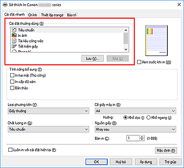 hình: Cài đặt thường dùng trên tab Cài đặt nhanh