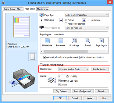 figure:Stapling Side on the Page Setup tab