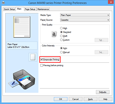 slika: potvrdni okvir Ispis u nijansama sive na kartici Glavno
