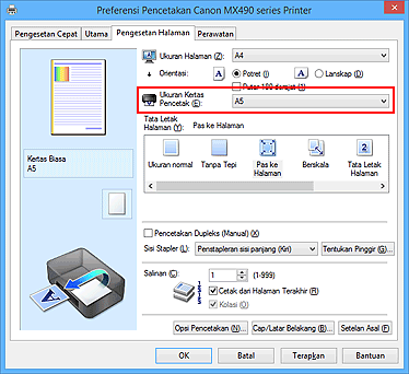 gambar: Ukuran Kertas Pencetak pada tab Pengesetan Halaman