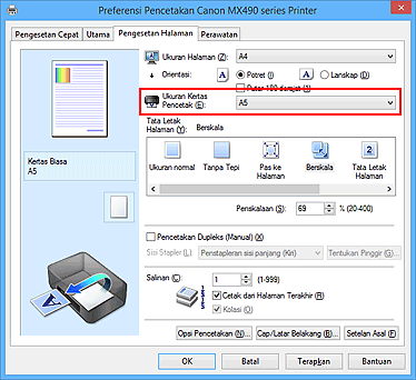 gambar: Ukuran Kertas Pencetak pada tab Pengesetan Halaman