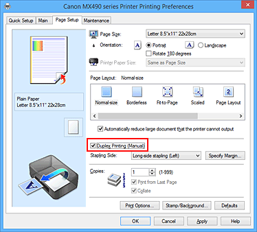 figura: Caixa de seleção Impressão (Manual) Duplex na guia Configurar Página