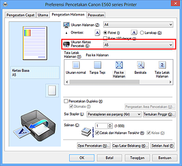 gambar: Ukuran Kertas Pencetak pada tab Pengesetan Halaman