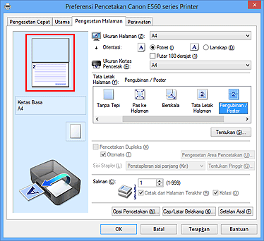 gambar: Pratinjau setelan ditampilkan pada tab Pengesetan Halaman