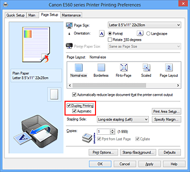 figure:Duplex Printing check box on the Page Setup tab