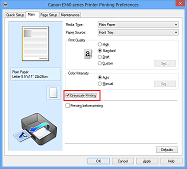 figure:Grayscale Printing check box on the Main tab