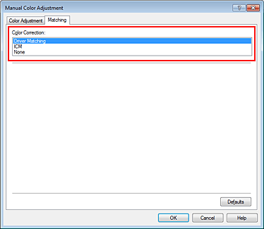 figure:Select Driver Matching for Color Correction in the Manual Color Adjustment dialog box