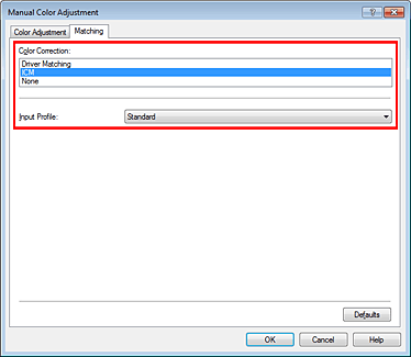 figure:Select ICM for Color Correction in the Manual Color Adjustment dialog box