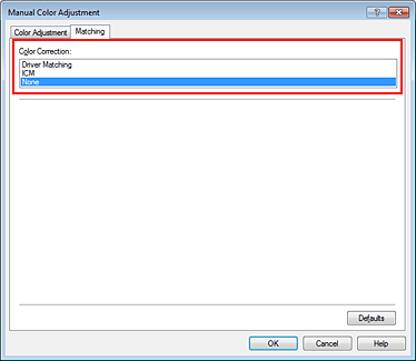 figure:Select None for Color Correction in the Manual Color Adjustment dialog box