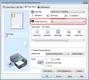 figure:Printer Paper Size on the Page Setup tab