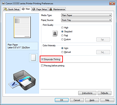 figure:Grayscale Printing check box on the Main tab