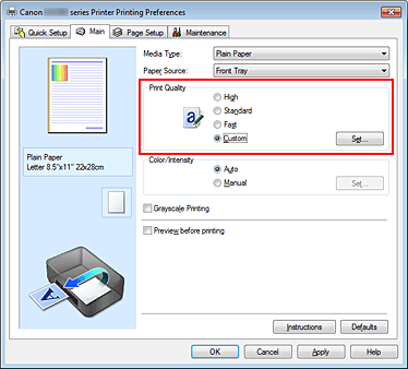 figure:Select on the Main tab, select Custom for Print Quality