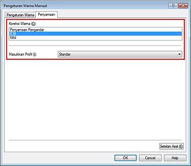 gambar: Pilih ICM untuk Koreksi Warna dalam kotak dialog Pengaturan Warna Manual