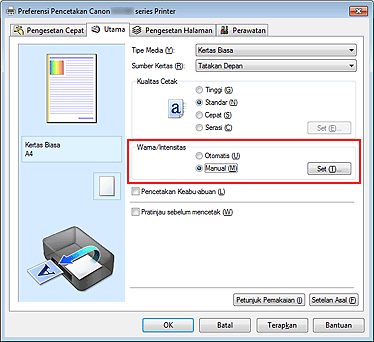 gambar: Pilih Manual untuk Warna/Intensitas pada tab Utama