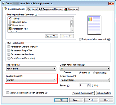 gambar: Kualitas Cetak pada tab Pengesetan Cepat