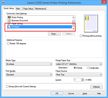 figure:Select Envelope from Commonly Used Settings on the Quick Setup tab