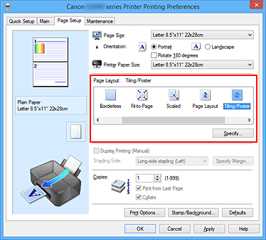 figure:Select Tiling/Poster for Page Layout on the Page Setup tab