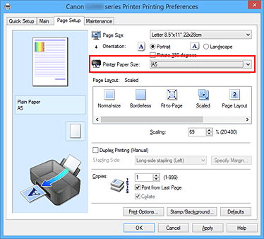 Imagen: Tamaño del papel de la impresora de la ficha Configurar página