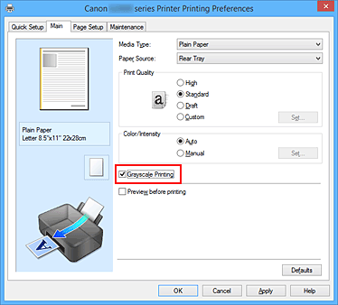 插图：“主要”选项卡上的“灰度打印”复选框