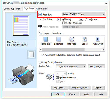 figure:Page Size on the Page Setup tab