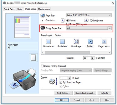 figure:Printer Paper Size on the Page Setup tab