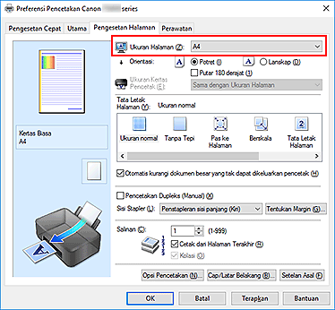 gambar: Ukuran Halaman pada tab Pengesetan Halaman