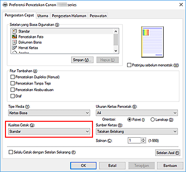 gambar: Kualitas Cetak pada tab Pengesetan Cepat