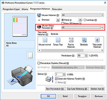 gambar: Ukuran Kertas Pencetak pada tab Pengesetan Halaman