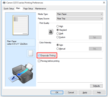 figura: Caixa de seleção Imprimir em Escala de Cinza na guia Principal