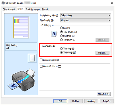 hình: Chọn Thủ công cho Màu/Cường độ trên tab Chính