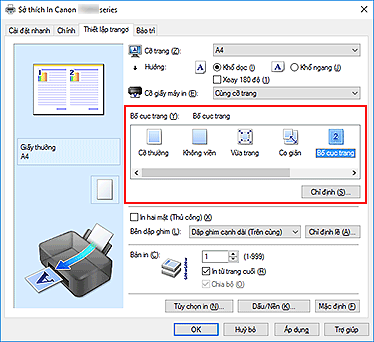hình: Chọn Bố cục trang cho Bố cục trang trên tab Thiết lập trang