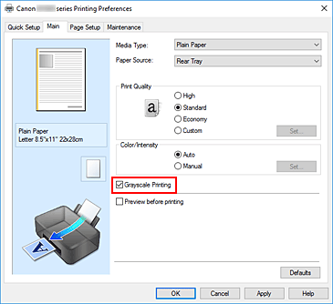 figura:Caseta de selectare Grayscale Printing din fila Main