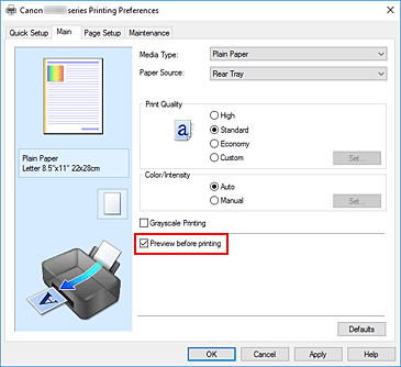 figura:Caseta de selectare Preview before printing de pe fila Main