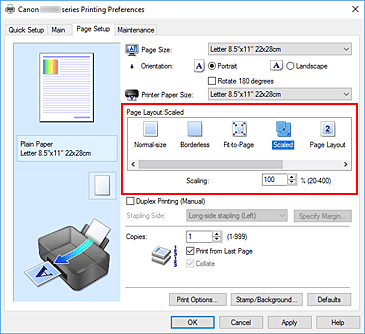 figura:Selectarea Scaled pentru Page Layout din fila Page Setup