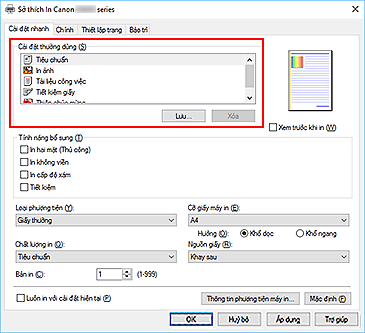hình: Cài đặt thường dùng trên tab Cài đặt nhanh