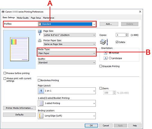 kuva:Profiilit Perusasetukset-välilehdessä