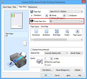 figure:Printer Paper Size on the Page Setup tab