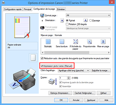 figure&nbsp;: Case à cocher Impression recto/verso (Manuel) dans l'onglet Configuration de la page