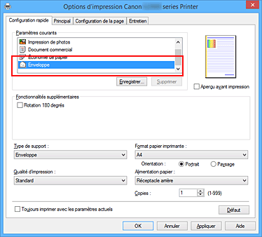 figure&nbsp;: Sélectionnez Enveloppe dans Paramètres courants dans l'onglet Configuration rapide.