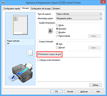 figure&nbsp;: Case à cocher Impression niveau de gris dans l'onglet Principal