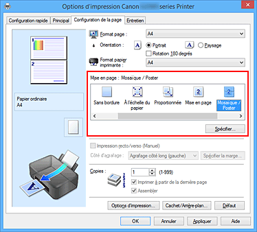 figure&nbsp;: Sélectionnez Mosaïque/Poster comme Mise en page dans l'onglet Configuration de la page.