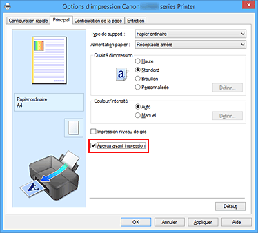 figure&nbsp;: Case à cocher Aperçu avant impression dans l'onglet Principal