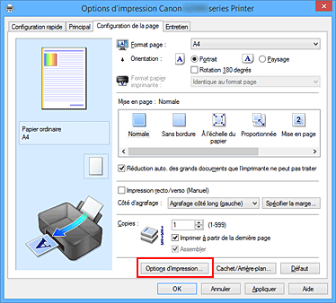 figure&nbsp;: Options d'impression... dans l'onglet Configuration de la page