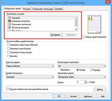 figure&nbsp;: Paramètres courants dans l'onglet Configuration rapide