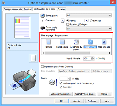 figure&nbsp;: Sélectionnez Proportionnée comme Mise en page dans l'onglet Configuration de la page.