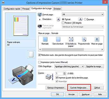 figure&nbsp;: Cachet/Arrière-plan... dans l'onglet Configuration de la page