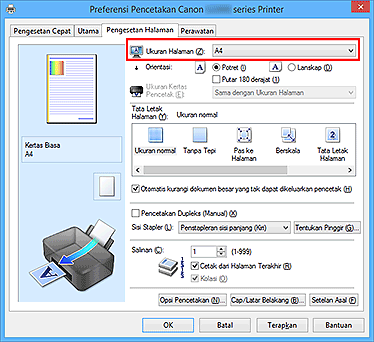 gambar: Ukuran Halaman pada tab Pengesetan Halaman
